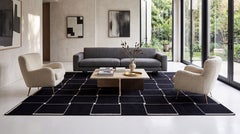 Modern Minimalist Black & Ivory Geometric Grid Wool Area Rug 10X14