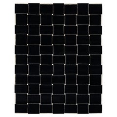 Contemporary Graphic Basketweave Black and Cream Wool Rug  Modernist Grid 8X10
