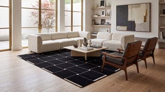 Contemporary Graphic Basketweave Black and Cream Wool Rug  Modernist Grid 8X10