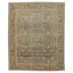 11x13 Antique Handmade Malayer Style Wool Rug in Soft Neutral & Blue Palette