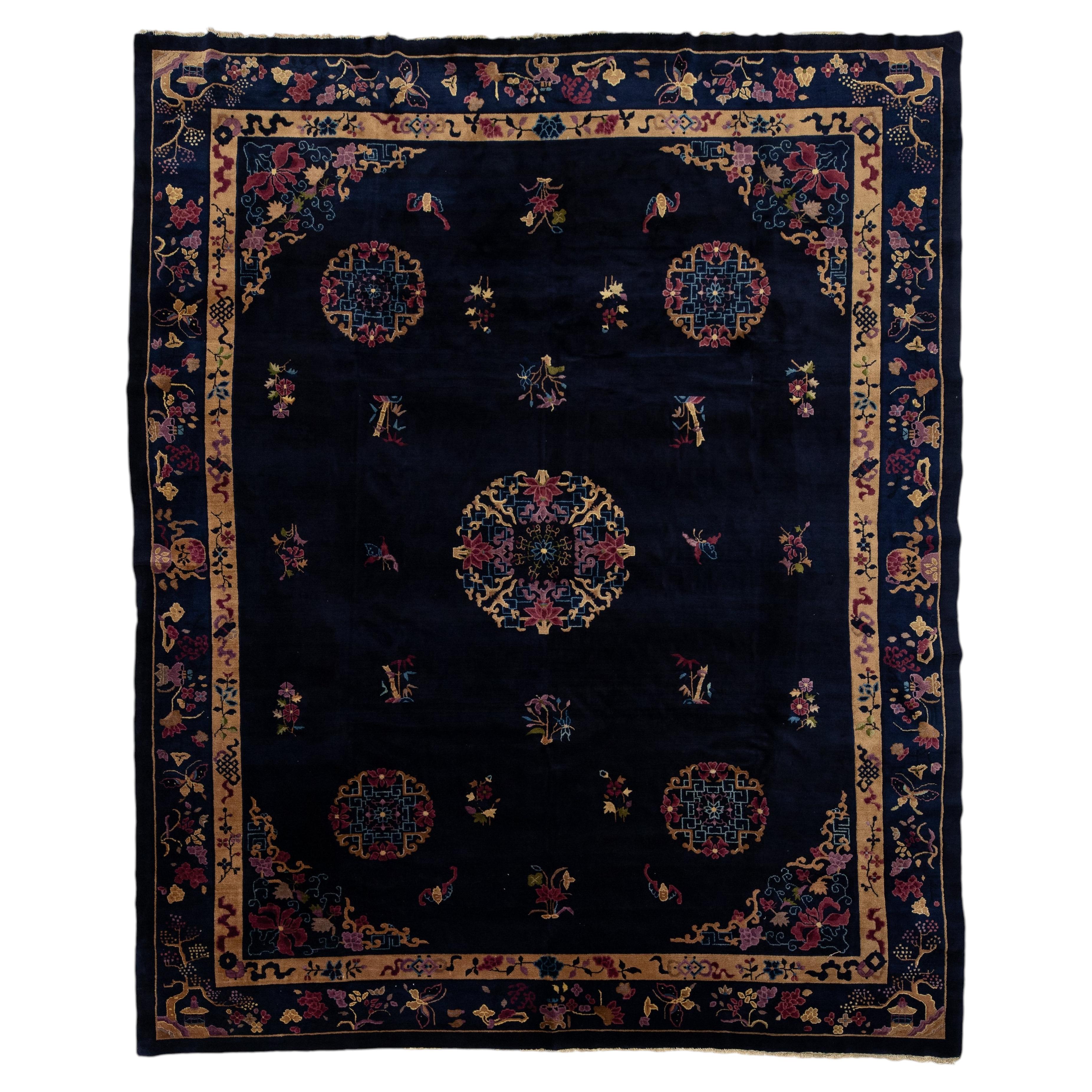 Antique Art Deco Chinese Wool Rug with Indigo Field and Lotus Medallions 9x11