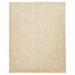 Moderner, handgeknüpfter Wollteppich im neutralen Oushak-Stil in Beige, Salbeigrün und Gold