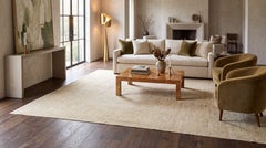 Moderner, handgeknüpfter Wollteppich im neutralen Oushak-Stil in Beige, Salbeigrün und Gold