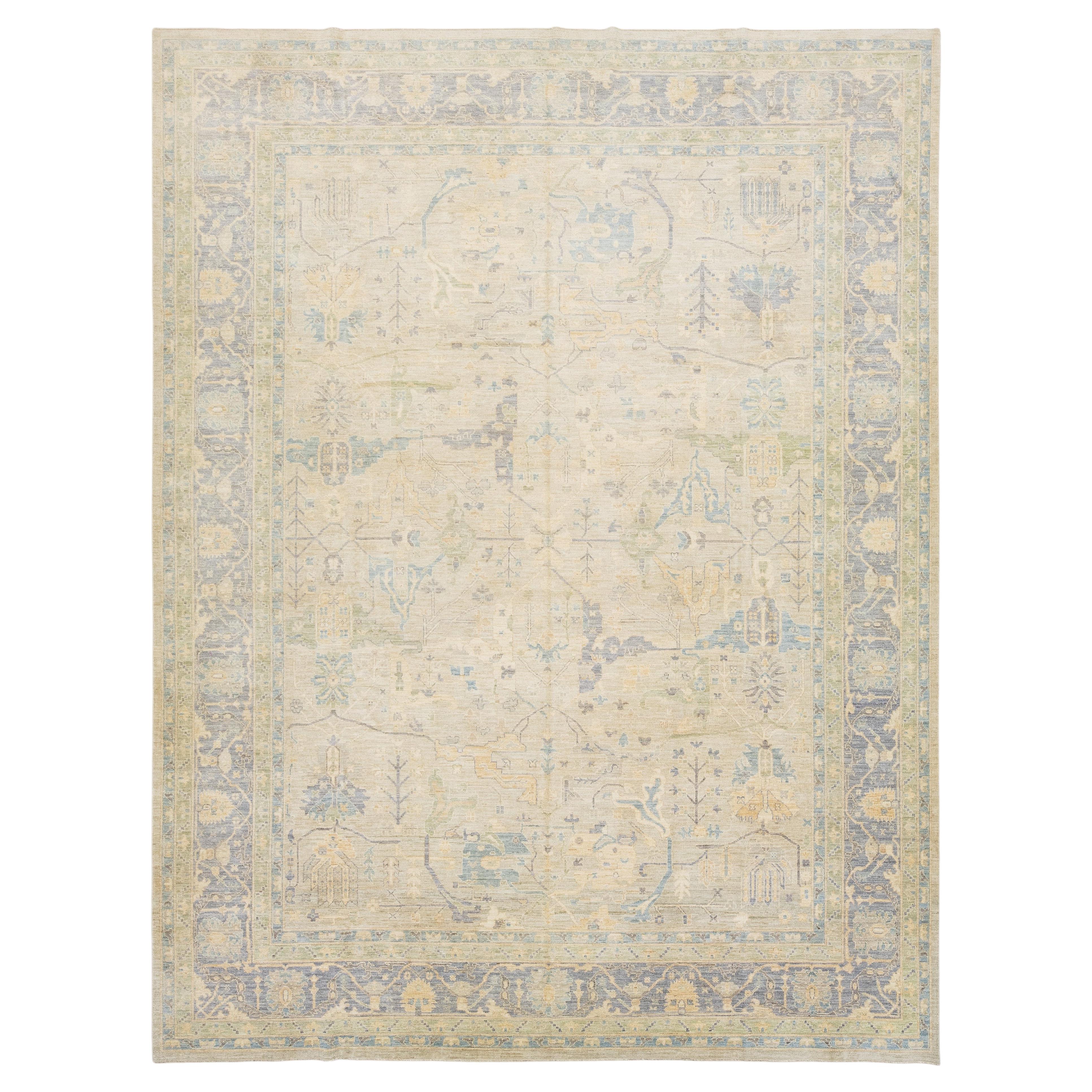 Modern Oushak Style Hand-Knotted Wool Rug in Slate Blue & Ivory Accent Tones