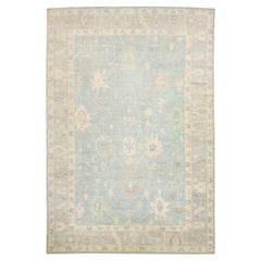 Contemporary Hand-Knotted Wool Oushak Rug in Blue, Ivory & Muted Beige