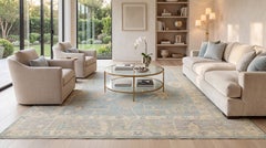 Contemporary Hand-Knotted Wool Oushak Rug in Blue, Ivory & Muted Beige