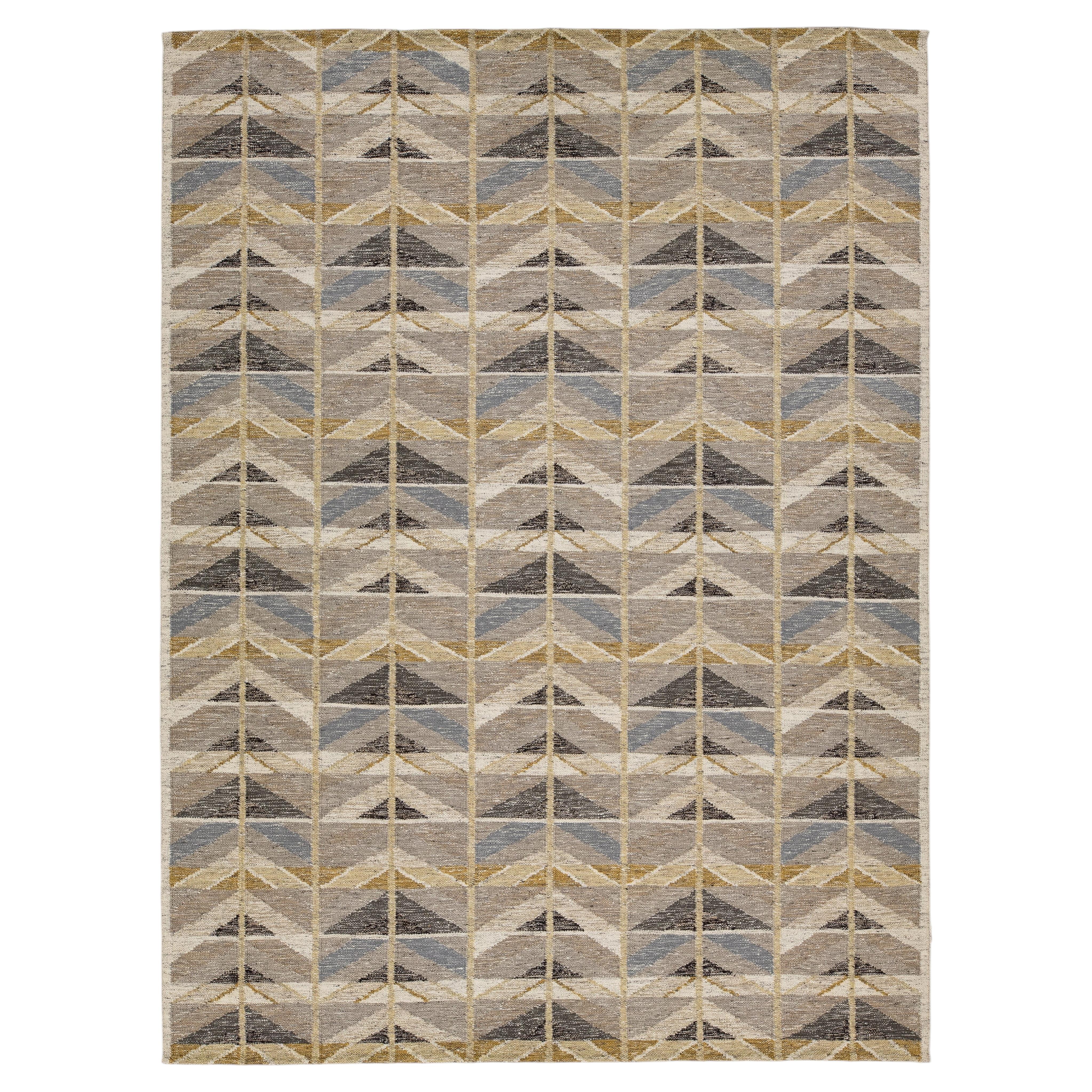 Swedish Flatweave Style Geometric Wool Rug  Mid-Century Modern Scandinavian Rug