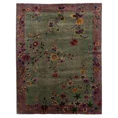 Antique 1920s Art Deco Chinese Nichols Rug in Sage Green & Plum Floral Design