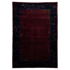 Antique Chinese Art Deco Rug in Deep Burgundy Plum with Floral & Bird Border