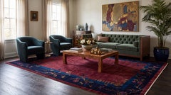 Antique Chinese Art Deco Rug in Deep Burgundy Plum with Floral & Bird Border