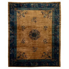 Antique Chinese Art Deco Wool Rug with Medallion and Indigo Floral Borders 9x11