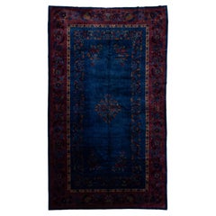 Early 20th Century Antique Chinese Art Deco Wool Rug in Cobalt Blue & Plum