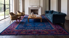 Early 20th Century Antique Chinese Art Deco Wool Rug in Cobalt Blue & Plum