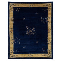 1920s Antique Chinese Art Deco Wool Rug in Midnight Blue & Ochre Gold