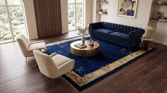 1920s Antique Chinese Art Deco Wool Rug in Midnight Blue & Ochre Gold