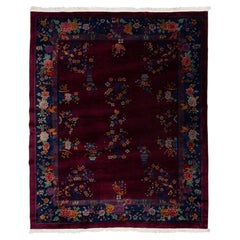 1920s Antique Chinese Art Deco Plum Wool Rug with Floral Vases & Navy Border