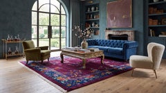 1920s Antique Chinese Art Deco Plum Wool Rug with Floral Vases & Navy Border