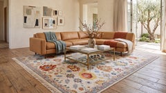 Machine-Made Wool & Nylon Transitional Rug Ivory with Teal & Saffron Accents