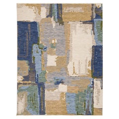 Modern Abstract Expressionist Wool Area Rug – Contemporary Blue & Gold Egyptian