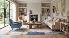 Modern Abstract Expressionist Wool Area Rug – Contemporary Blue & Gold Egyptian