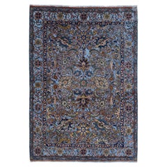 Vintage Hand-Knotted Blue Floral Wool Rug with Intricate Garden & Bird Motif