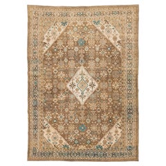 Vintage-Teppich aus handgeknüpfter Wolle in neutralem Beige, Braun und Türkis mit Medaillon-Motiv