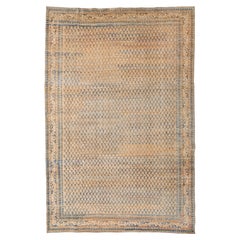 Vintage Hand-Knotted Wool Area Rug in Faded Apricot and Indigo Blue