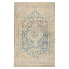 Antique Anatolian Tribal Wool Rug in Faded Sky Blue, Charcoal, and Beige