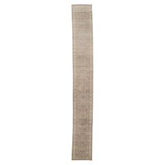 Antique Hand-Knotted Neutral Extra Long Runner Rug in Beige, Soft Blue & Taupe
