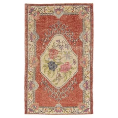 Turkish Anatolian Wool Accent Rug with Central Floral Medallion in Terracotta