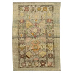 Vintage Revival Wool Rug with Tribal Motifs in Soft Sage Green & Earth Tones
