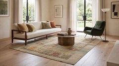 Vintage Revival Wool Rug with Tribal Motifs in Soft Sage Green & Earth Tones