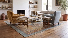 Vintage Revival Wool Rug with Soft Blue Core, Ochre Borders & Tribal Motifs
