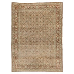 Antique Tabriz Rug with Floral Motif & Rust Red Border  Muted Sage & Cream