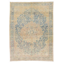 Antique Heriz Wool Rug in Distressed Faded Denim & Muted Terracotta 9x12