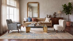 Antique Heriz Wool Rug in Distressed Faded Denim & Muted Terracotta 9x12