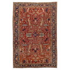 Antique Heriz Rug with Rust Field, Navy Border & Fine Floral Vines