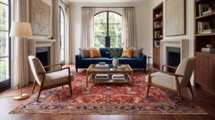 Antique Heriz Rug with Rust Field, Navy Border & Fine Floral Vines