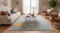 Contemporary Hand-Knot Modern Oushak Wool Area Rug in Seafoam & Pastel Motifs