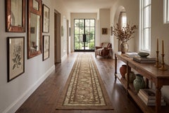 Tappeto da ingresso in lana stile tribale vintage 3x24 nei toni del taupe terroso, salvia e con accenti color oro caldo
