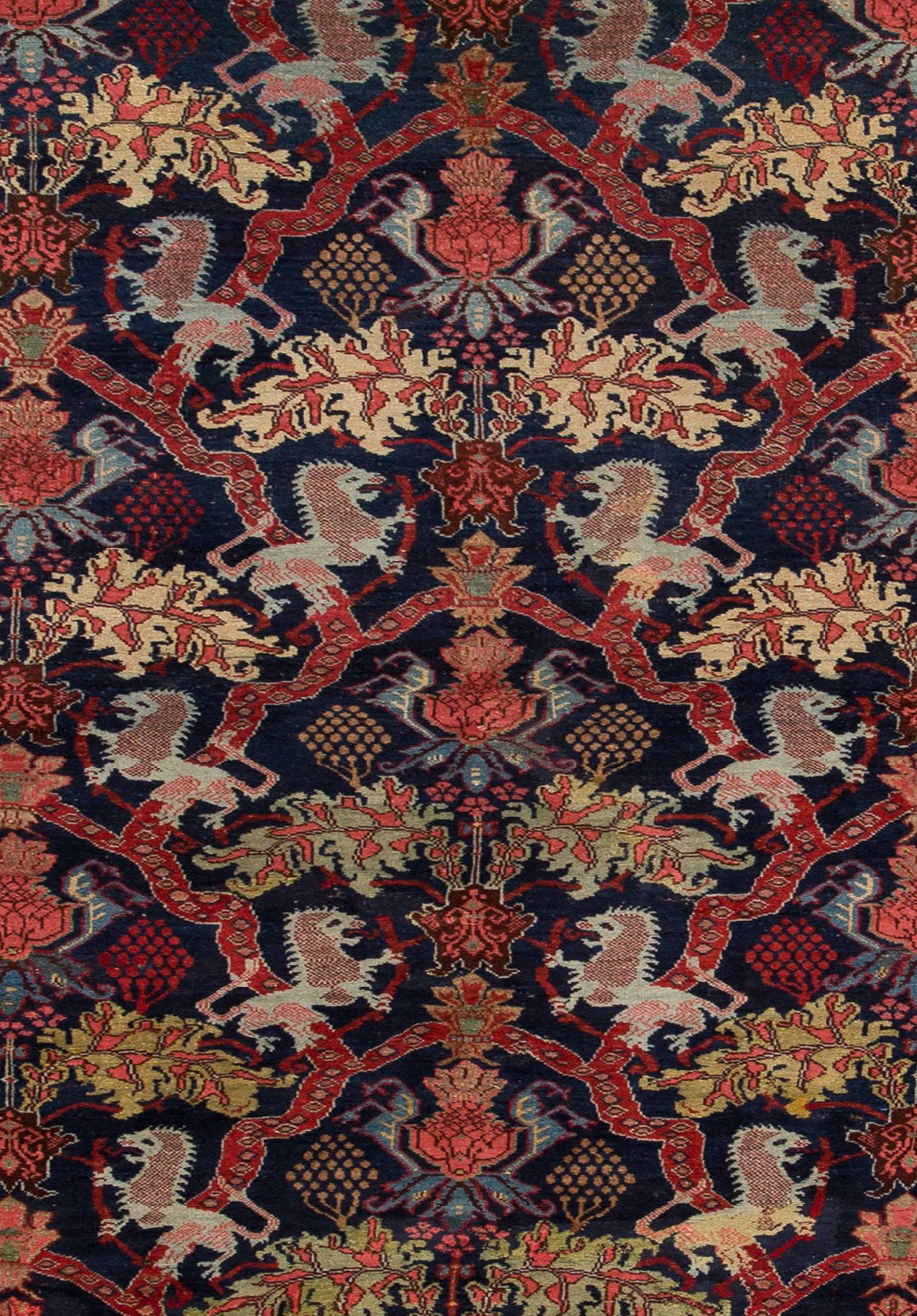 Hand-Knotted Antique Red and Blue All-Over Persian Bidjar Carpet, 4.05x6.10 For Sale