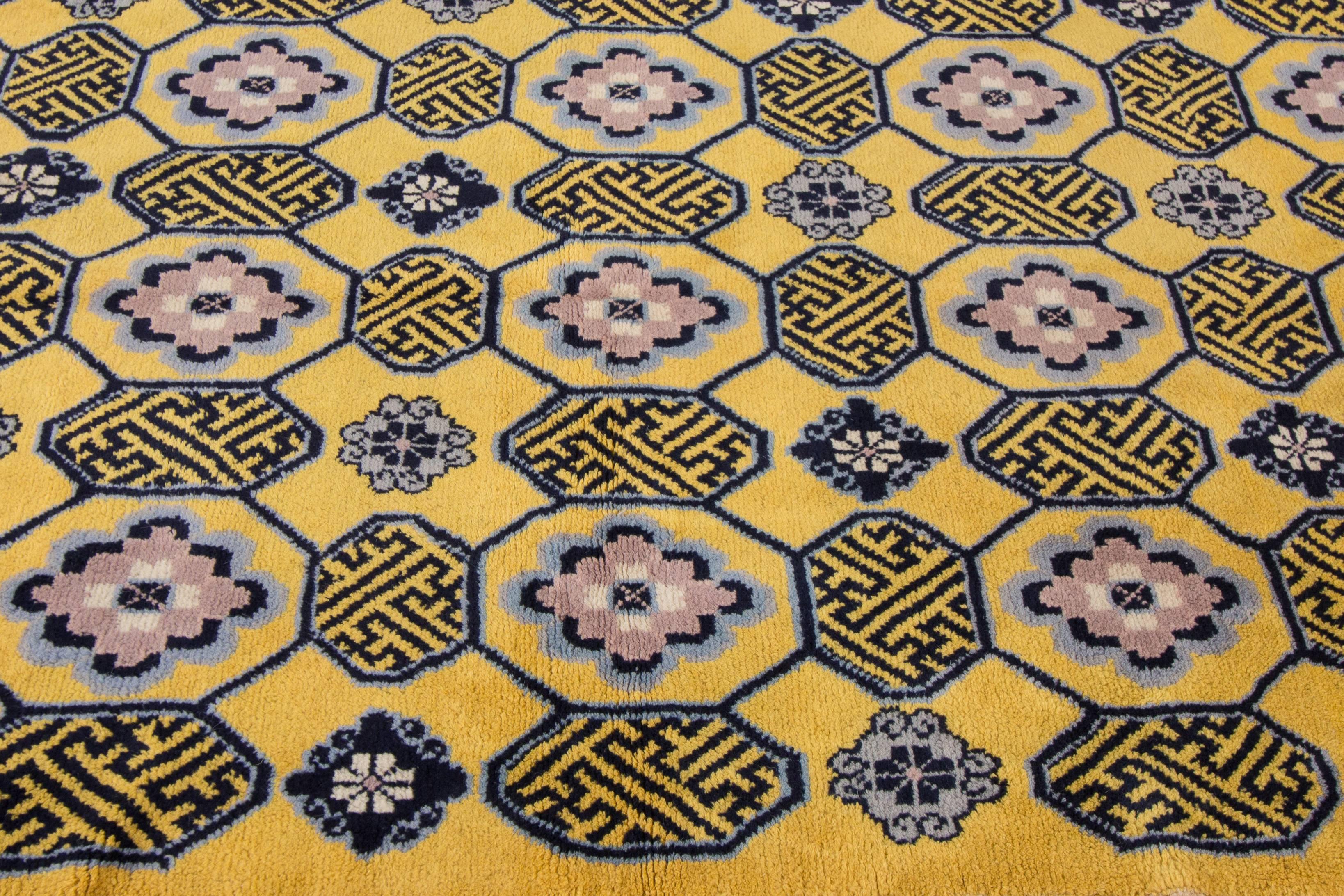 Hand-Knotted Vintage 1950s Yellow, Blue Chinese Carpet