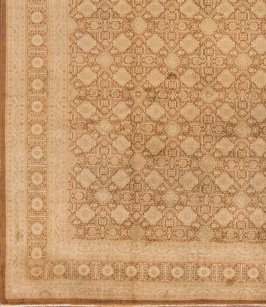 Hand-Knotted Antique Beige Geometric Persian Tabriz Rug For Sale