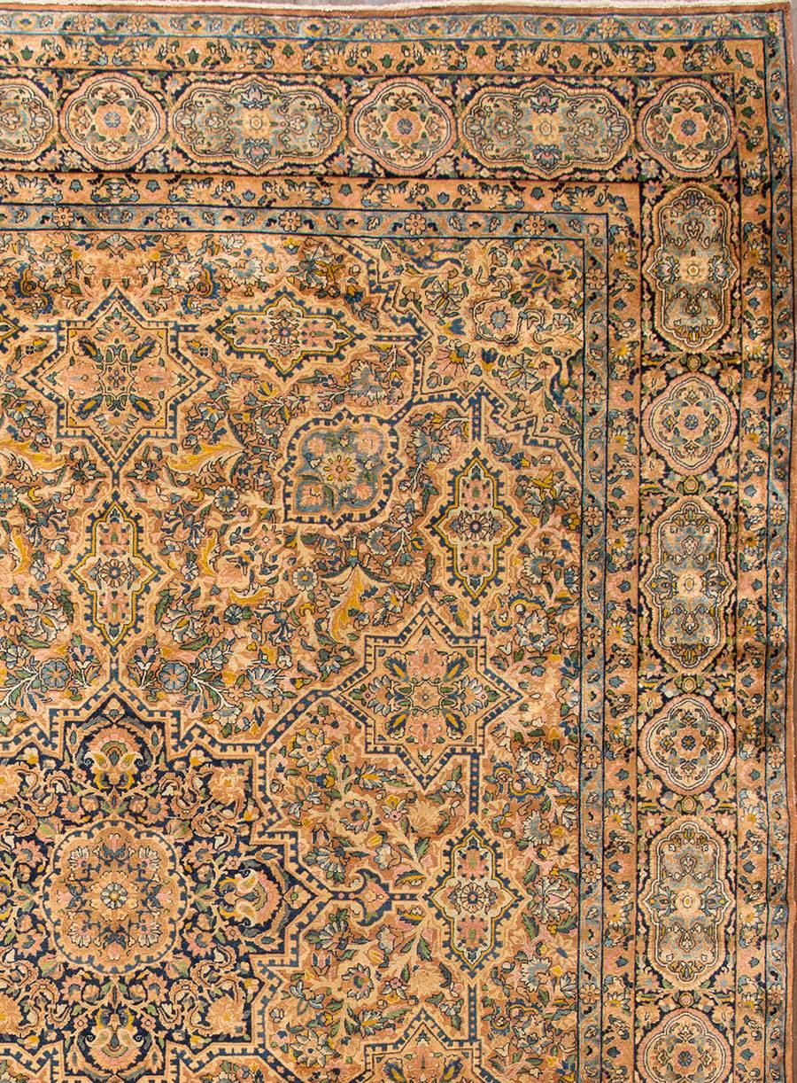Hand-Knotted Antique Beige and Blue Kerman Rug, 10.08x13.07 For Sale
