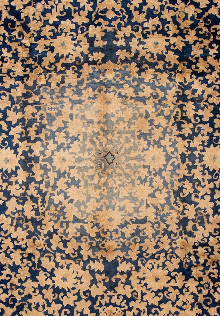 Chinese Export Vintage 1920s Brown and Blue Chinese Art Deco Fette Rug For Sale