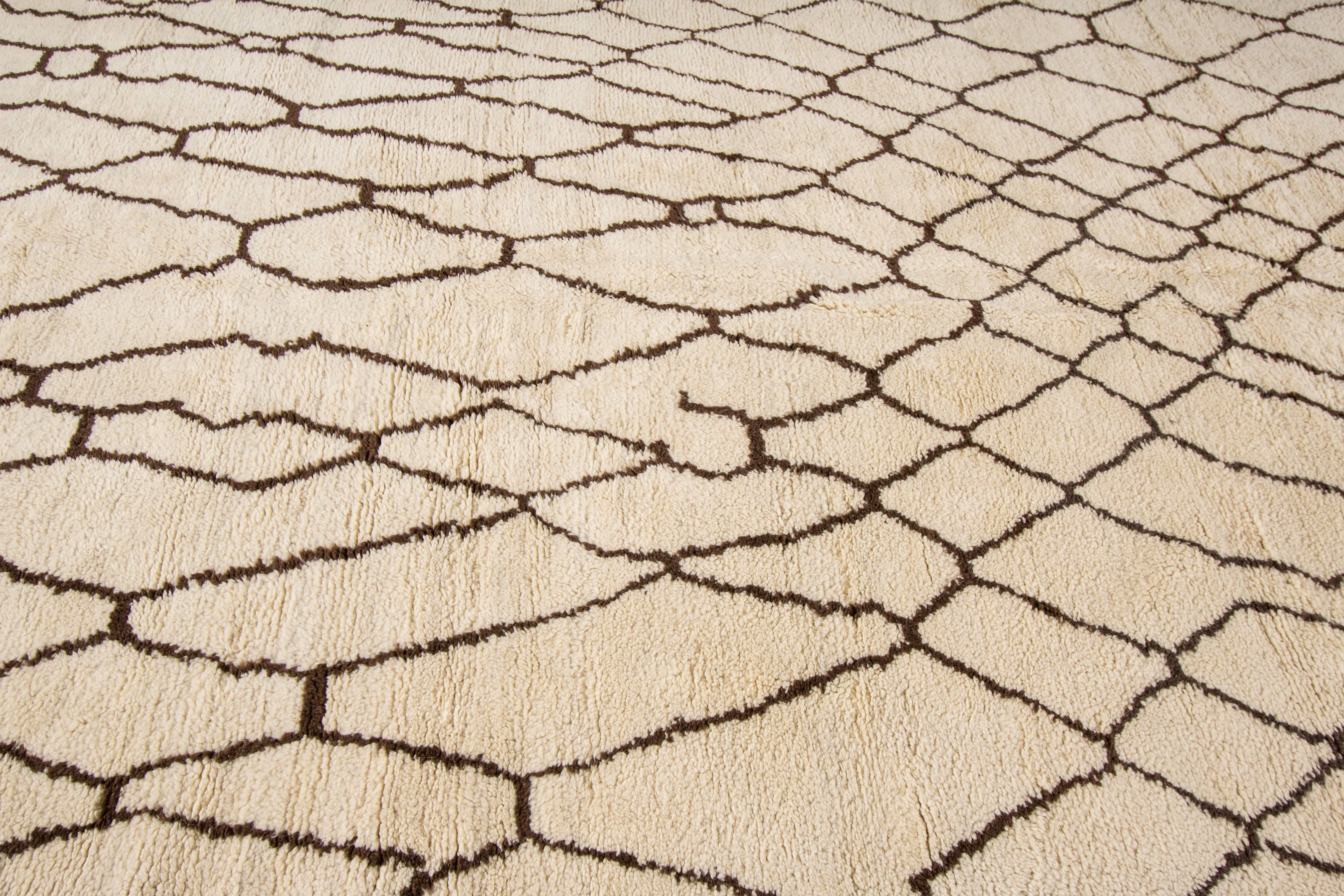 Hand-Crafted Contemporary Ivory and Brown Moroccan Rug