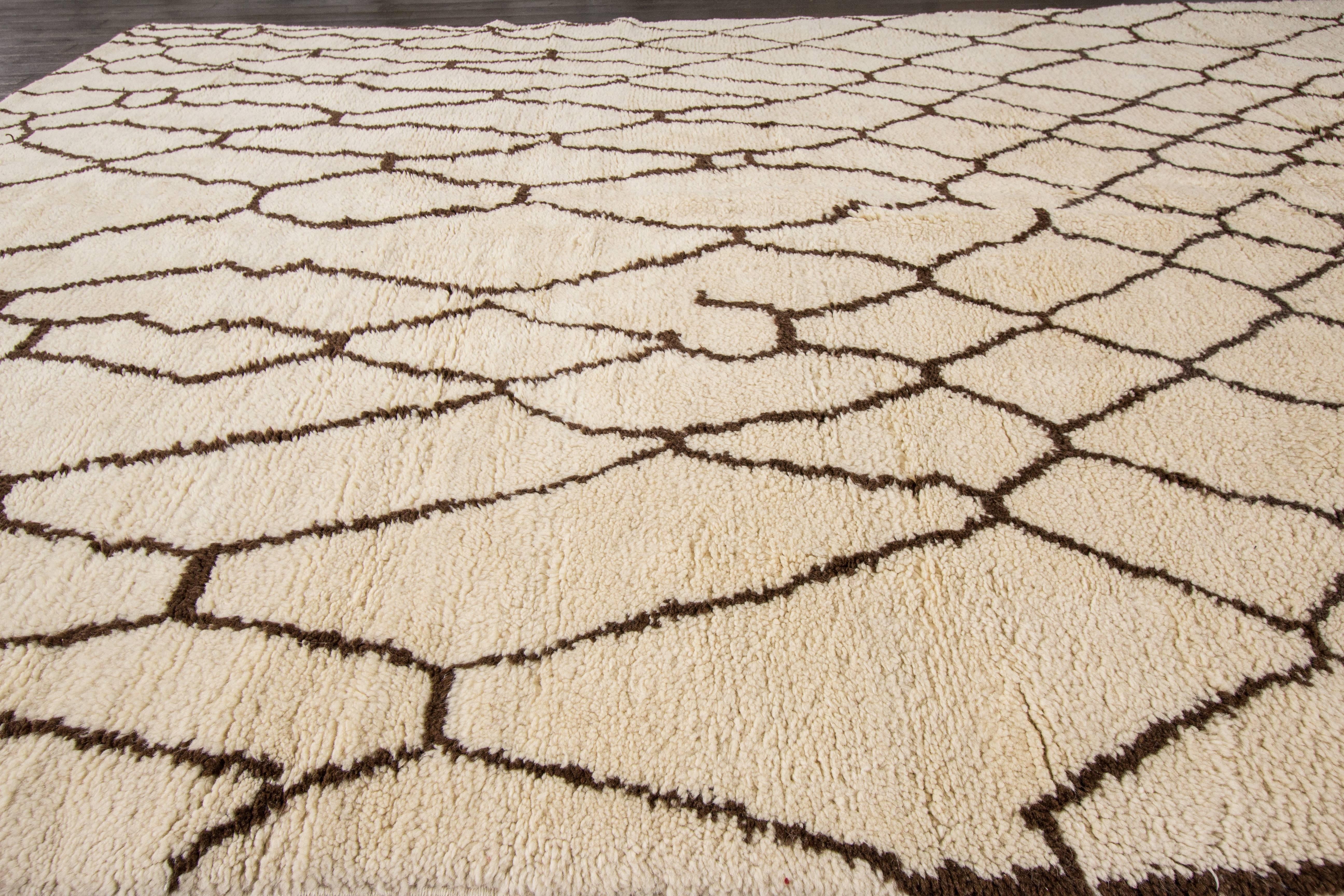 Wool Contemporary Ivory and Brown Moroccan Rug
