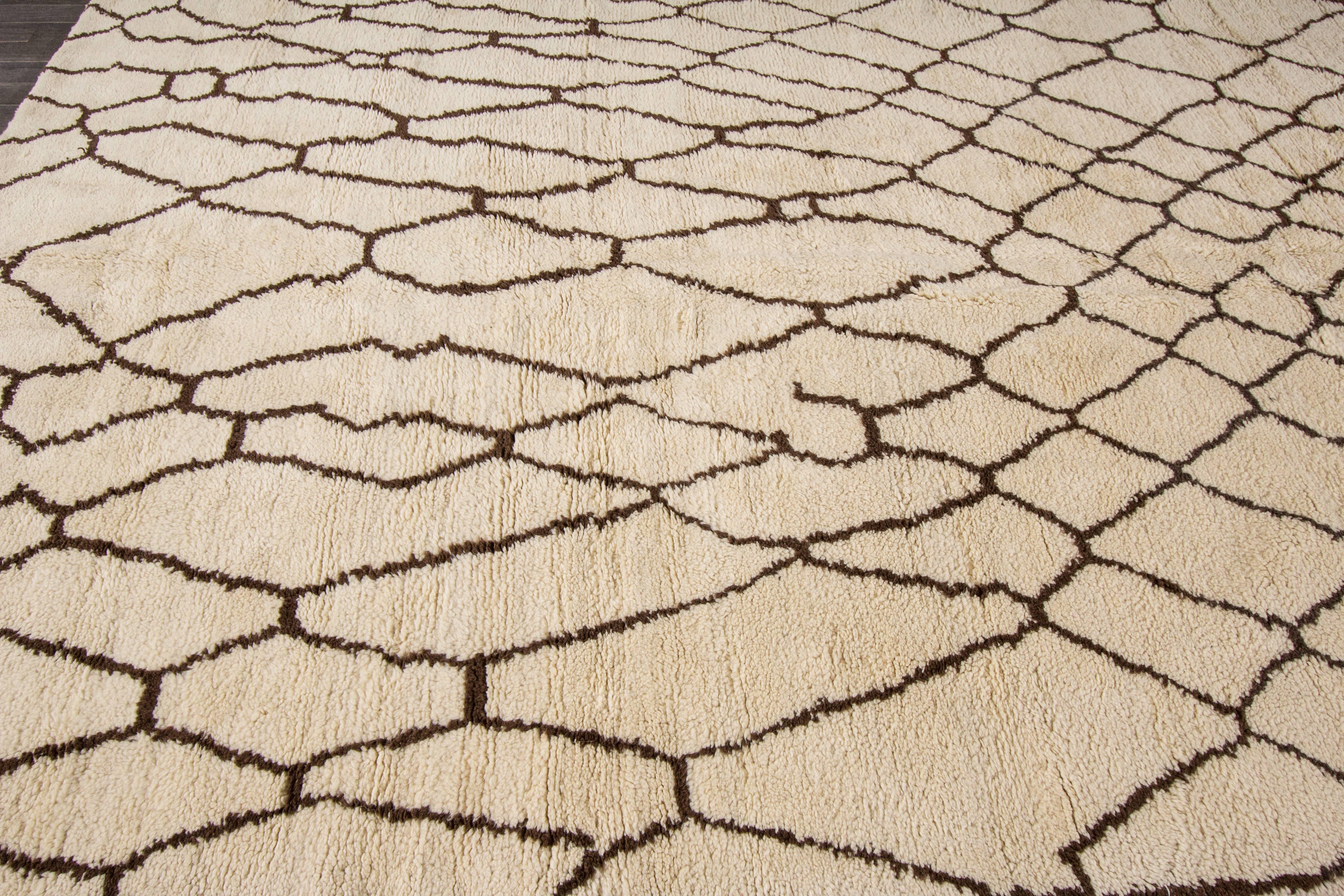 Contemporary Ivory and Brown Moroccan Rug 1