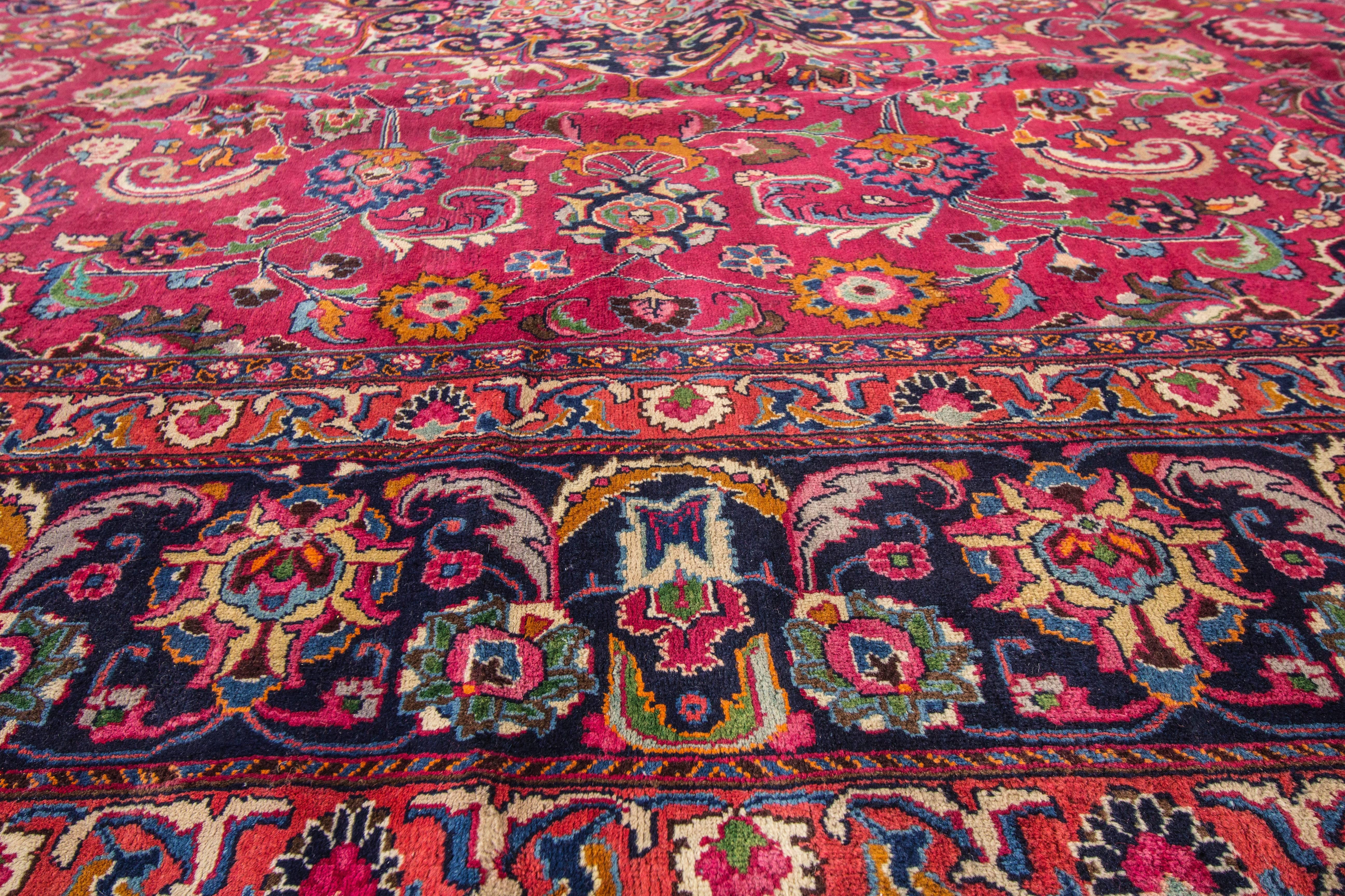 Hand-Knotted Beautiful Vintage Red Mashad Rug