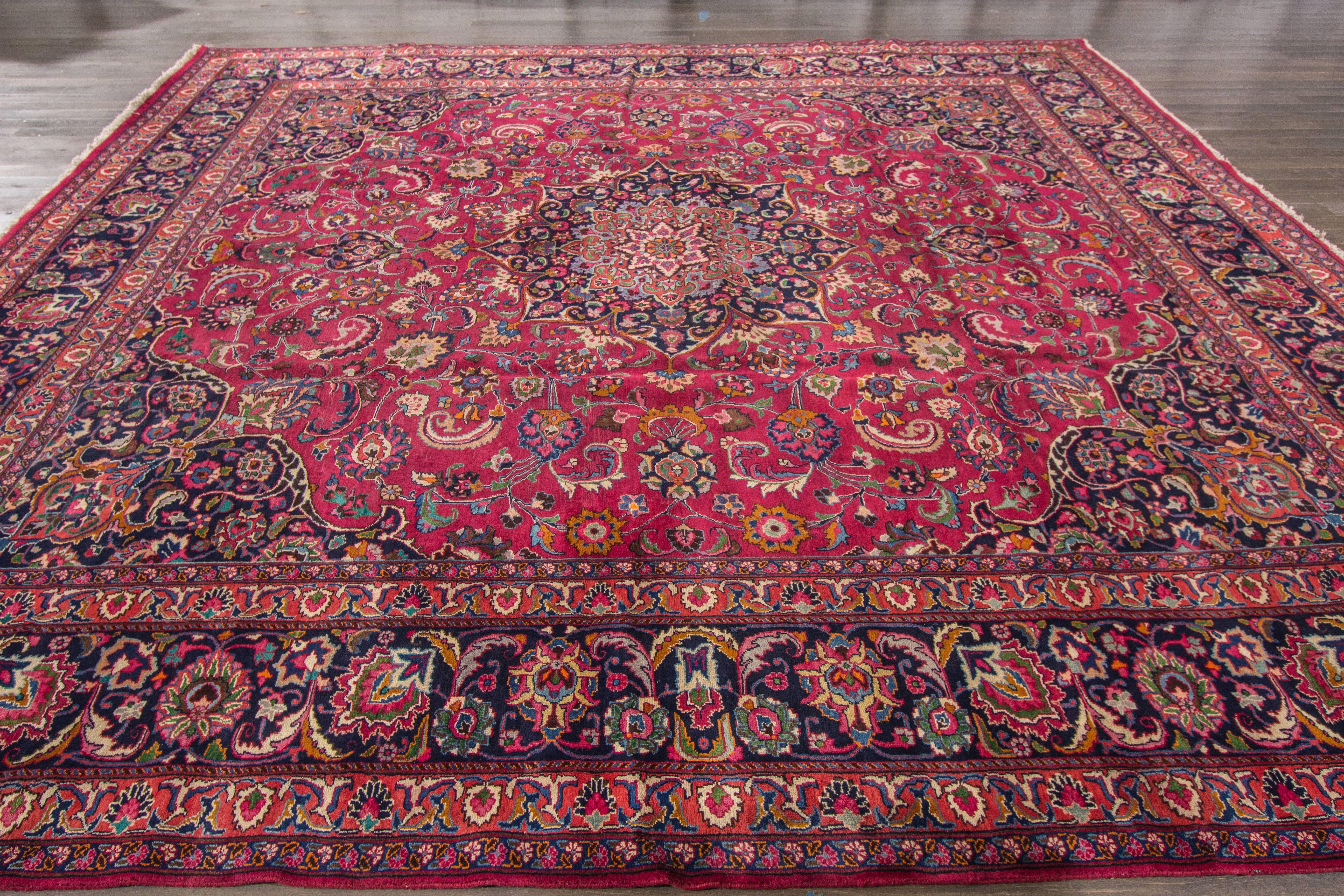 Wool Beautiful Vintage Red Mashad Rug